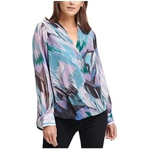 DKNY Womens XL Abstract Brushstroke Surplice V-Neck Long Sleeve Blouse